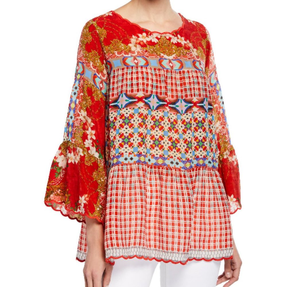 NWT Johnny Was Fyson Mixed-Print Georgette Blouse